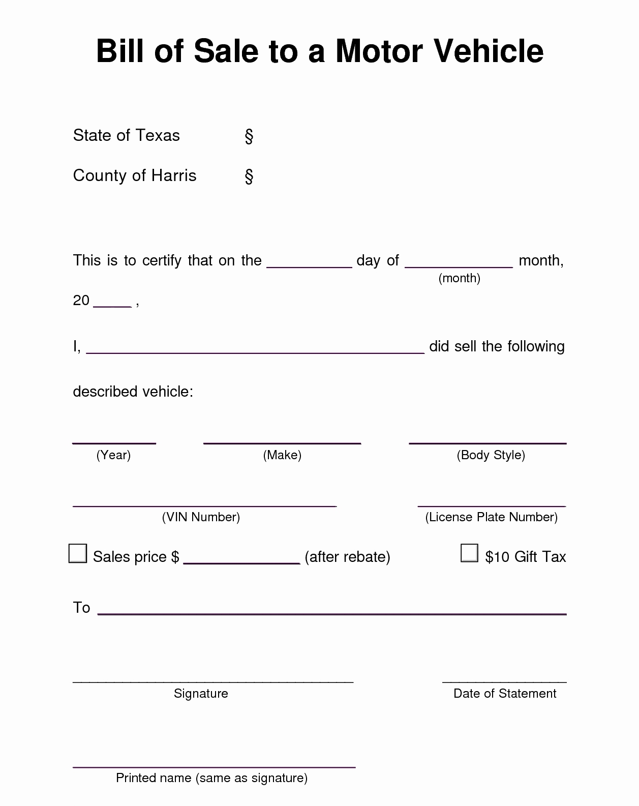 NC Vehicle Bill Of Sale Template