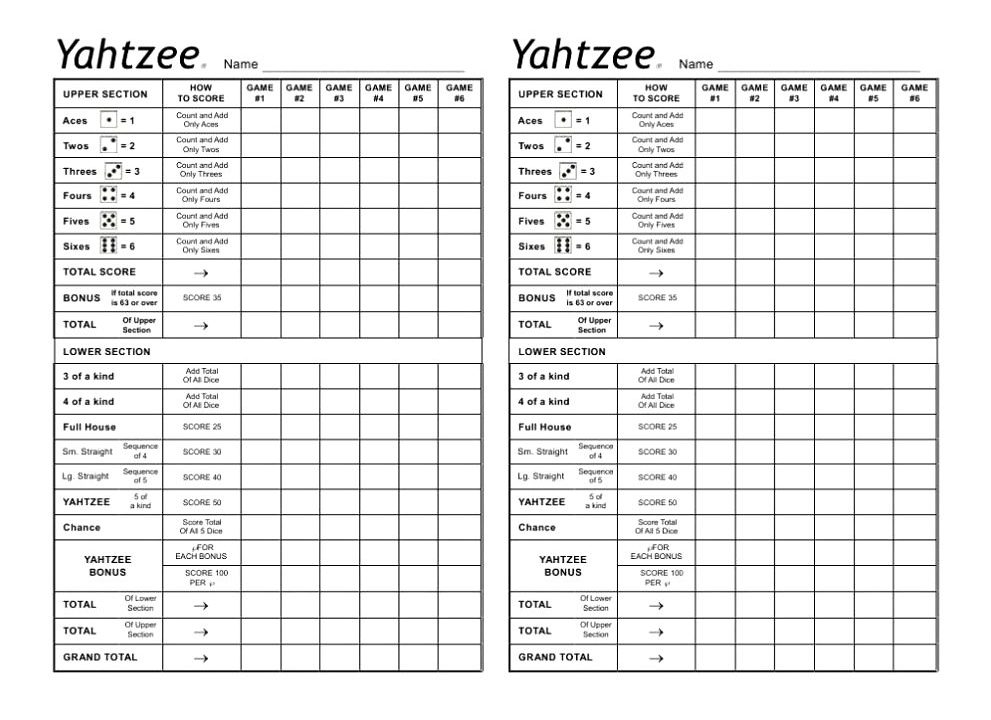 Yahtzee Score Cards Printable Printable Blank World