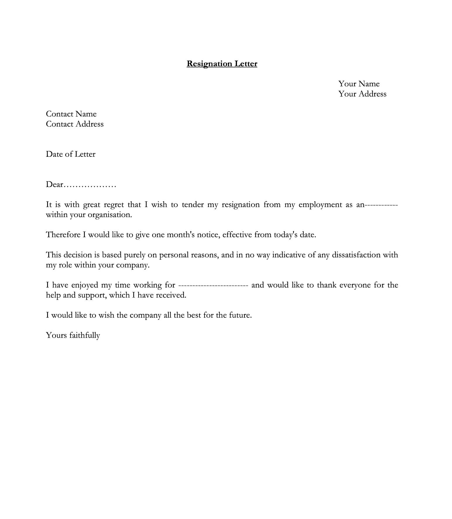 Printable Resignation Letter Template