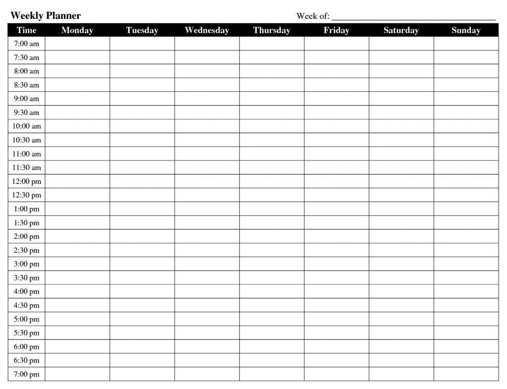 7 Day Schedule Template In Every 30 Minutes Template Calendar Design A31